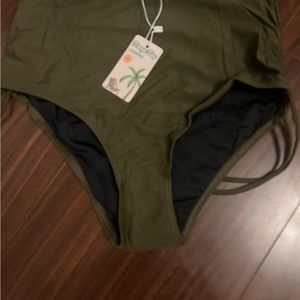 Women's Size S, Swim Bottoms Brief Black High Waist Side Ties, Dark Green